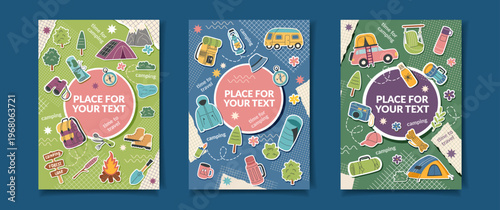 Set of camping posters with travel objects9. Vector flat collection of cards. The concept of travel, camping, hiking, weekend, vacation and outdoor recreation.