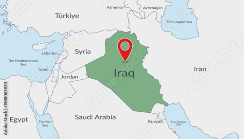 Iraq location on the map with pin location marker4. Vector flat template.