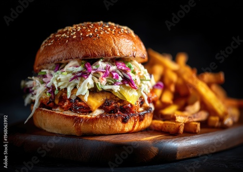 Juicy burger with coleslaw, cheese, pickles, on wooden board with fries