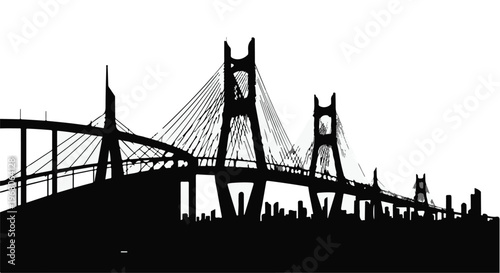 Suspended cable-stayed bridge silhouette against a white background.