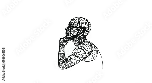 Profile of a human head and shoulders constructed from intricate black lines conveys introspection and thought.