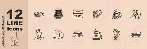 Railway transport set icon. Line icons with train carriage, rail track, distance sign, gear wheels, steam locomotive, uniform suit, conductor portrait, luggage cart, high speed train, fuel tank