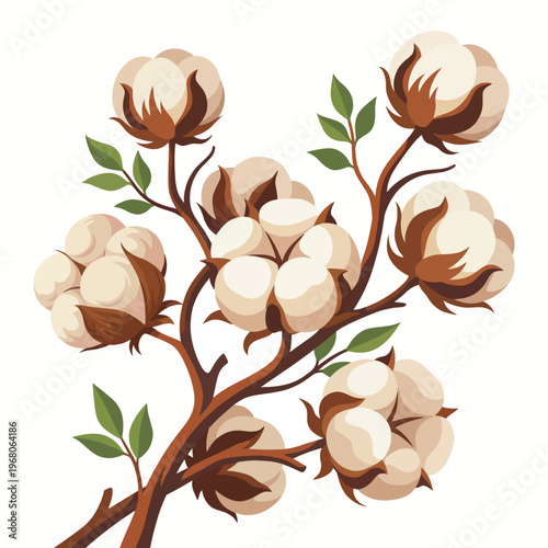 An artistic representation of a cotton plant branch, featuring bolls and green leaves, symbolizing nature's beauty and the origins of fabric in a visually appealing way.