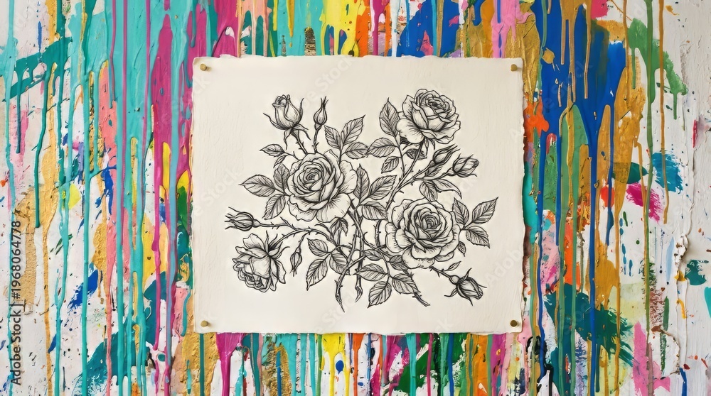 Obraz premium Delicate rose sketch displayed against a vibrant, paint-splattered background.