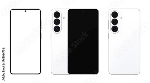 Detailed white mobile phone with stylus mockup. Front and rear view isolated on transparent background. Vector PNG