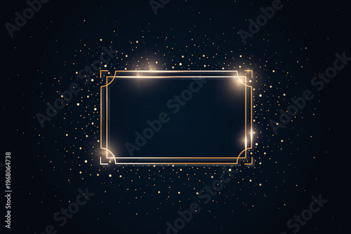 Gold shiny glowing vintage frame with shadows on dark golden glitter ambient blue background. Golden luxury realistic border with stars. Invitation, sale, party, card design. Vector illustration