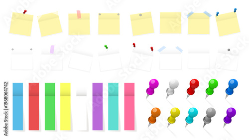 Pack of colored office paper stickers and metal pins with shadows isolated on transparent background. Reminder tag elements mock up. Vector illustration