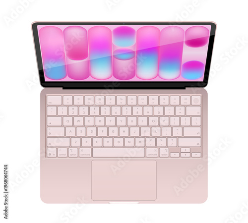 Photorealistic detailed pink notebook mockup. Front view of opened notebook with keyboard isolated on transparent background. Vector PNG