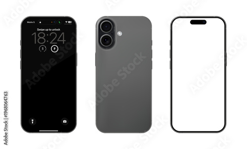 Detailed black mobile phone mockup. Front and rear view isolated on transparent background. Vector PNG