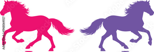 Galloping horse silhouettes, vibrant pink and purple equine vector graphics. Dynamic animal illustration for equestrian branding, children's designs, or playful decor.