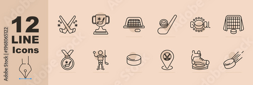 Hockey sport set icon. Line icons with crossed sticks, trophy cup, goal net, stick puck, gloves, helmet, player action, puck disk, location rink, ice skates, moving puck, medal award.