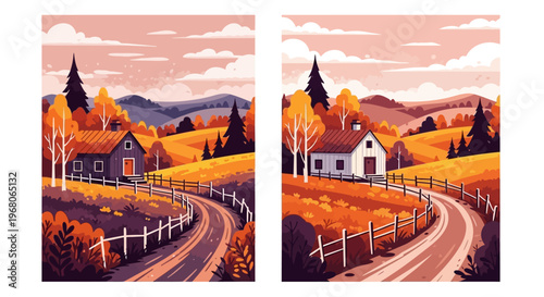 Autumn Landscape, Cozy Homes, Serene Countryside, Illustrative Art, Warm Colors, Scenic View, Nature's Beauty