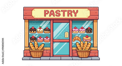 This pixel art illustration features a charming pastry shop storefront with assorted cakes, croissants, and baguettes displayed in the windows.