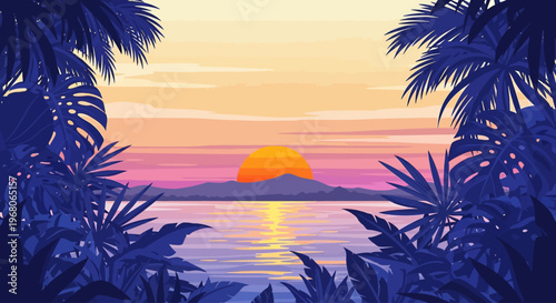 Tropical Landscape Over Water, Nature Illustration, Peaceful Environment
