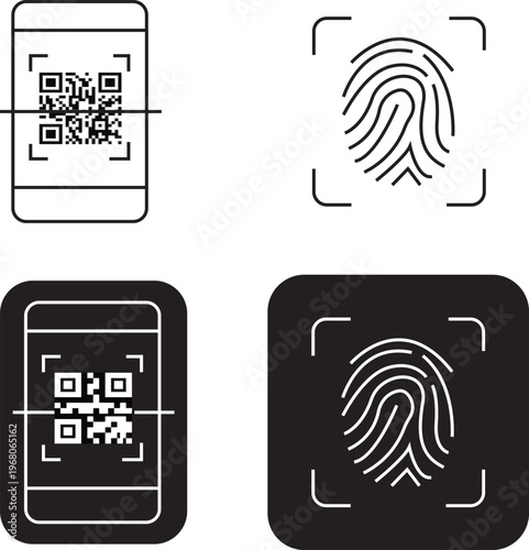 Qr code and fingerprint scanning icons set