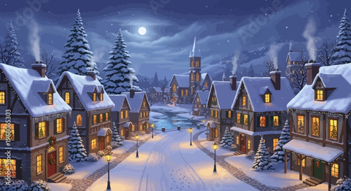 Cozy Village Under Moonlight, Snowy Landscape, Digital Illustration, Peaceful Atmosphere