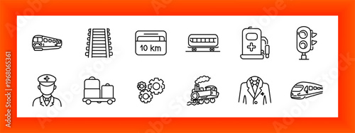 Railway service set icon. Train vehicle, rail track, distance sign, wagon transport, fuel station, traffic light, conductor, luggage cart, gear system, steam locomotive, suit clothing, high speed