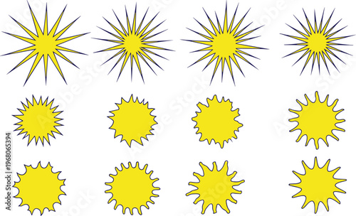 Yellow Starburst and Sunburst Graphic Set Featuring Abstract Sun Shapes Vector Stickers Price Tags Explosion Effects and Decorative Geometric Radiating Rays for Design