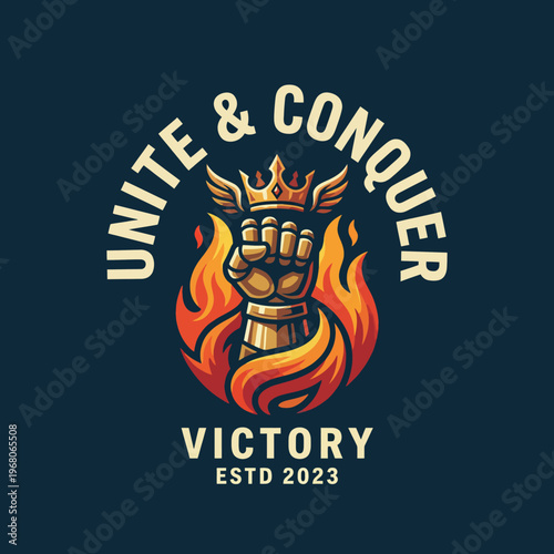 A bold logo depicting a raised fist surrounded by flames signifies victory, unity, and resilience, suitable for organizations focusing on empowerment and strength.