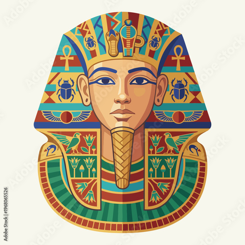 An intricately designed pharaoh's mask, rich in color and symbolism, embodies the splendor and mystery of ancient Egypt, reflecting historical art and culture.