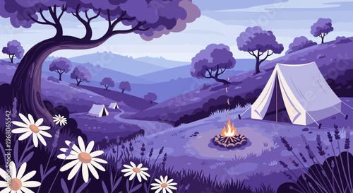 Camping Adventure, Outdoor Enthusiasts, Mountain Landscape, Illustration, Tranquil Environment, Wide View, Nature Exploration