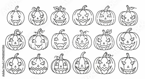 Black and white illustrations of carved pumpkins.