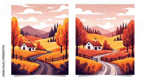 Idyllic Country Road and Cozy Houses in Fall Colors, Nature Illustration, Peaceful Environment