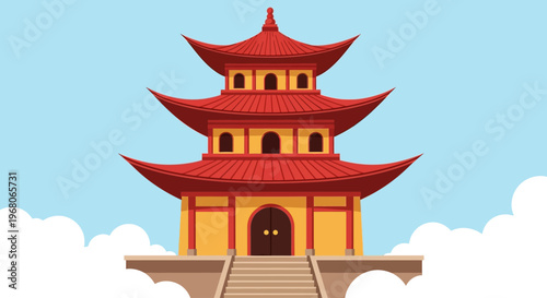 A visually appealing illustration of a traditional Asian pagoda, set against a backdrop of soft, white clouds and a clear blue sky