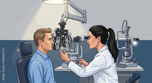 Professional female ophthalmologist performs a comprehensive eye examination on a male patient with specialized optical equipment in a modern clinic for accurate vision assessment and care