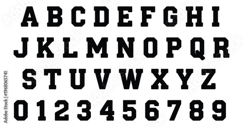 Varsity font vector alphabet, collegiate and athletic lettering set with bold style, sports typography for school emblems, team logos, apparel prints, and retro graphic projects, modern flat vector 