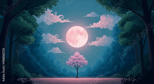 Ethereal Night Forest Illuminated by a Magnificent Pink Full Moon, Casting a Magical Glow Upon a Solitary Cherry Blossom Tree in a Serene Woodland Landscape