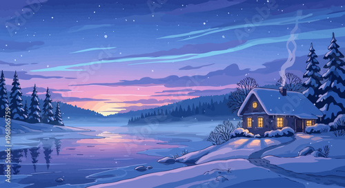 Serene winter morning by a frosty lake, featuring a warmly lit, snow-covered cabin among pine trees under a vibrant twilight sky, creating a peaceful and picturesque seasonal landscape