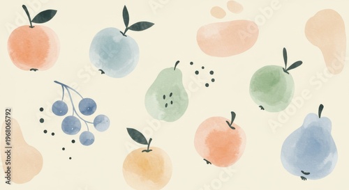 Watercolor fruits apples pears and berries with blobs
