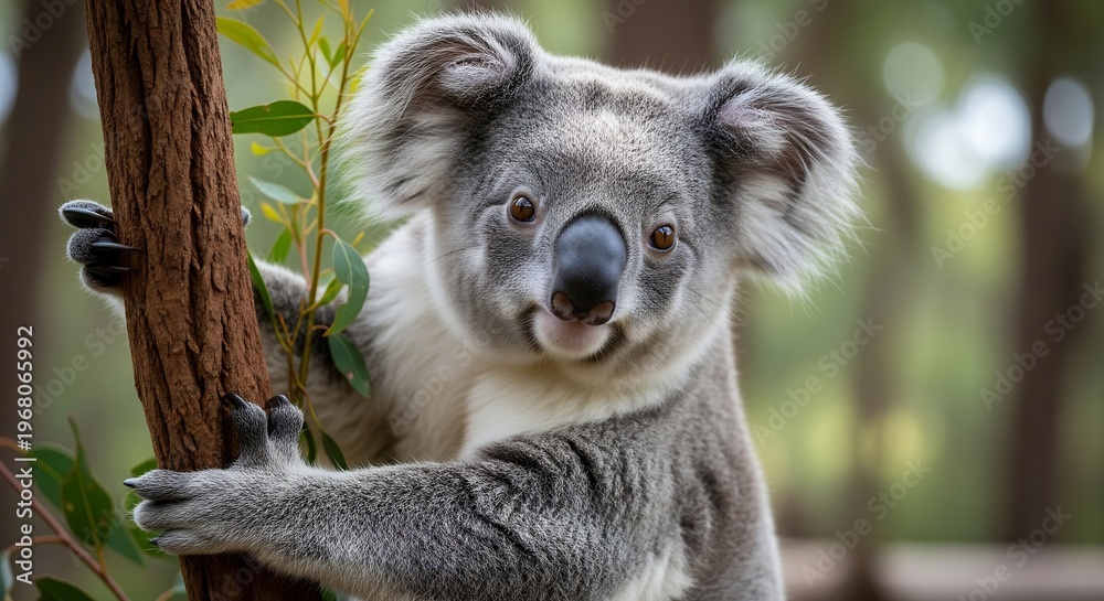 Fototapeta premium A close-up portrait of a koala clinging to a tree branch, with lush green foliage in the background.