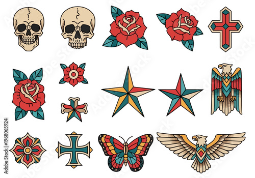 Old School Traditional Tattoo Flash Set: Skulls, Roses, Eagles, Stars, and Crosses in Vintage Americana Style