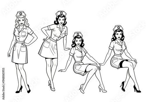 Set of Vintage Pin-up Nurse Illustrations in Classic 1950s Retro Style, Black and White Medical Staff Line Art Characters Isolated on White