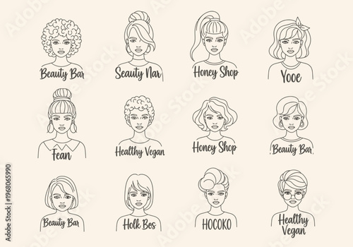 Set of 12 Minimalist Line Art Female Portraits for Beauty Salon, Hair Styling, and Skincare Branding Logos