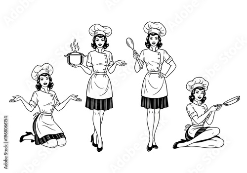 Vintage Female Chef Character Set, Retro Woman Cook in Uniform with Kitchen Tools, Black and White Line Art Illustration for Restaurant Menu and Branding Design