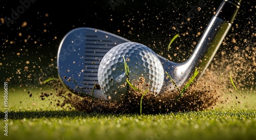 A close-up, dynamic shot captures the moment a golf club strikes a ball, sending dirt and grass flying in a dramatic explosion of motion.
