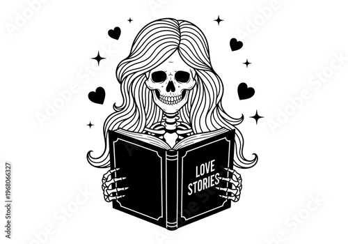 Skeleton Woman with Long Hair Reading Love Stories Book, Gothic Romantic Line Art Illustration