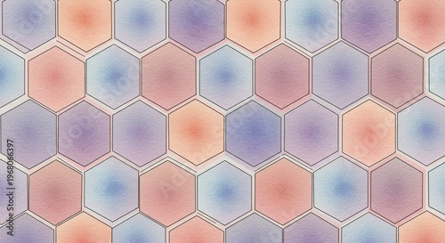 Watercolor Hexagons A mosaic of peach blue and purple hues in a honeycomb pattern
