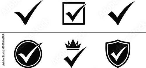 Black Vector Check Mark Icon Set Featuring Various Verification Symbols Including Checkbox Circle Shield and Crown Designs for Success Quality Approval and Completion