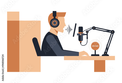 Male podcaster or radio host actively recording broadcast, speaking into professional studio microphone with headphones in modern audio production setup, creating digital content