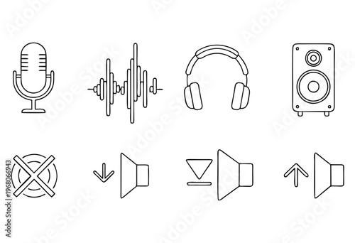 Collection of outline audio and sound icons including microphone, sound waves, headphones, speaker, mute, volume down, and volume up
