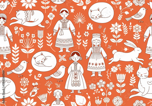 Folk Art Seamless Pattern with Girls in Traditional Costumes, Cats, Rabbits, and Flowers on Terracotta Background