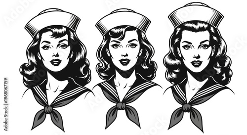 Set of Retro Pin-up Sailor Girls Illustration, Vintage 1940s Navy Style Women in Nautical Uniforms, Black and White Line Art Portraits