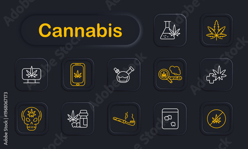 Cannabis set icon. Laboratory flask, cannabis, monitor, smartphone , bong, grinder, joint smoke, medical cross leaf, skull, oil bottle, pipe, package symbols