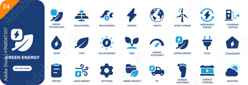 Green energy icon collection featuring solar panel, wind turbine, ev, renewable energy and leaf symbols. Solid vector icons.
