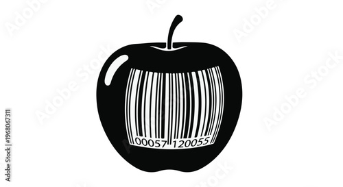 Black apple with a barcode printed on its surface symbolizes consumerism and product identification.