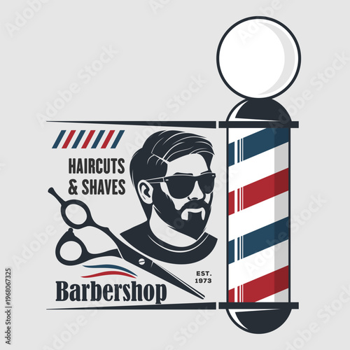 Barbershop logo, poster or banner design concept with barber pole and bearded men. Vector illustration